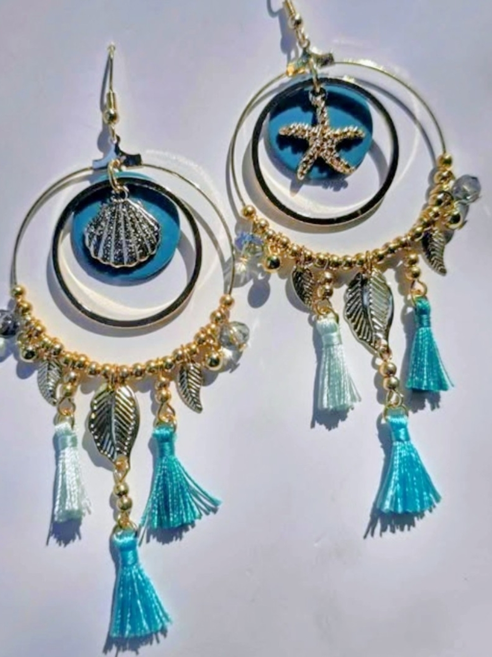 Boho Gold & Teal Shell Tassel Hoop Earrings